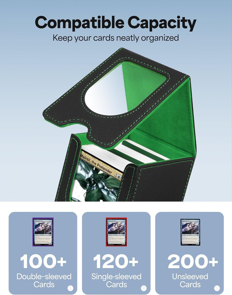 banloga Card Deck Box for MTG Commander, Card Case Holds 100+ Double-Sleeved Cards, Magic Card Box Fits for TCG/PTCG/CCG Card with 2 Dividers (Black&Green) - Image 2
